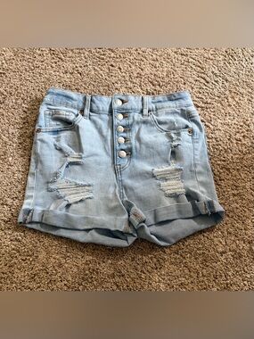 Aeropostale Super High Rise Midi Distressed Denim Shorts Size 8